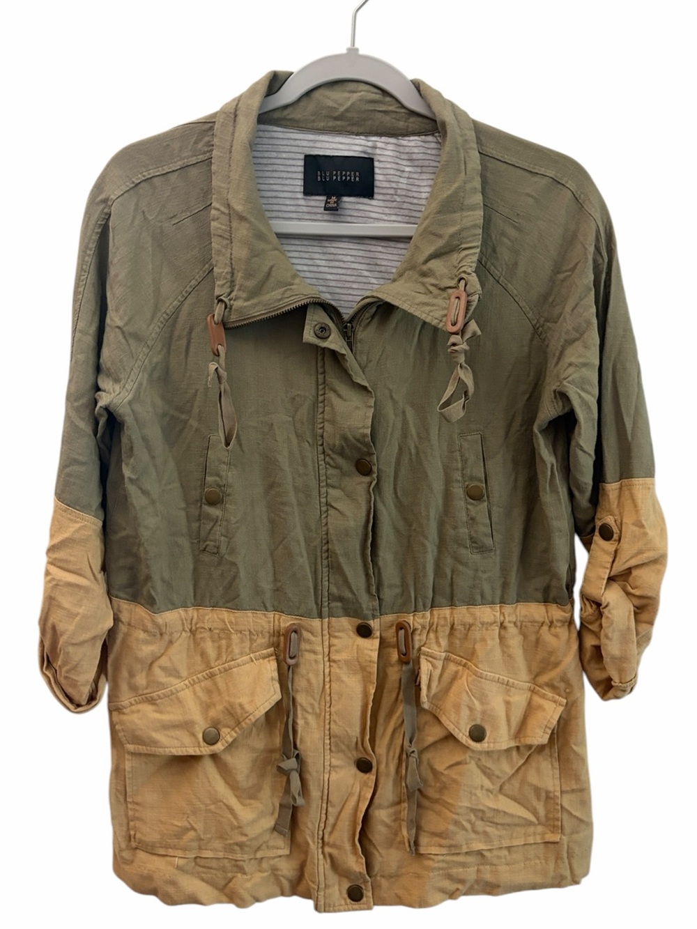 Blu Pepper Linen Blend Two-Tone Olive Green & Tan Safari Park Utility Jacket M